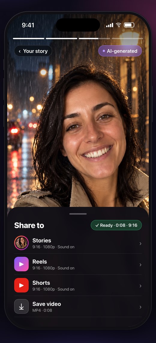 Promptogram app screen: saving and sharing the finished vertical video