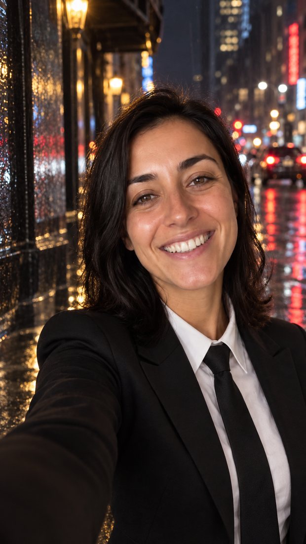 AI video style Agent in Black: the same person restyled as a secret agent on a night street