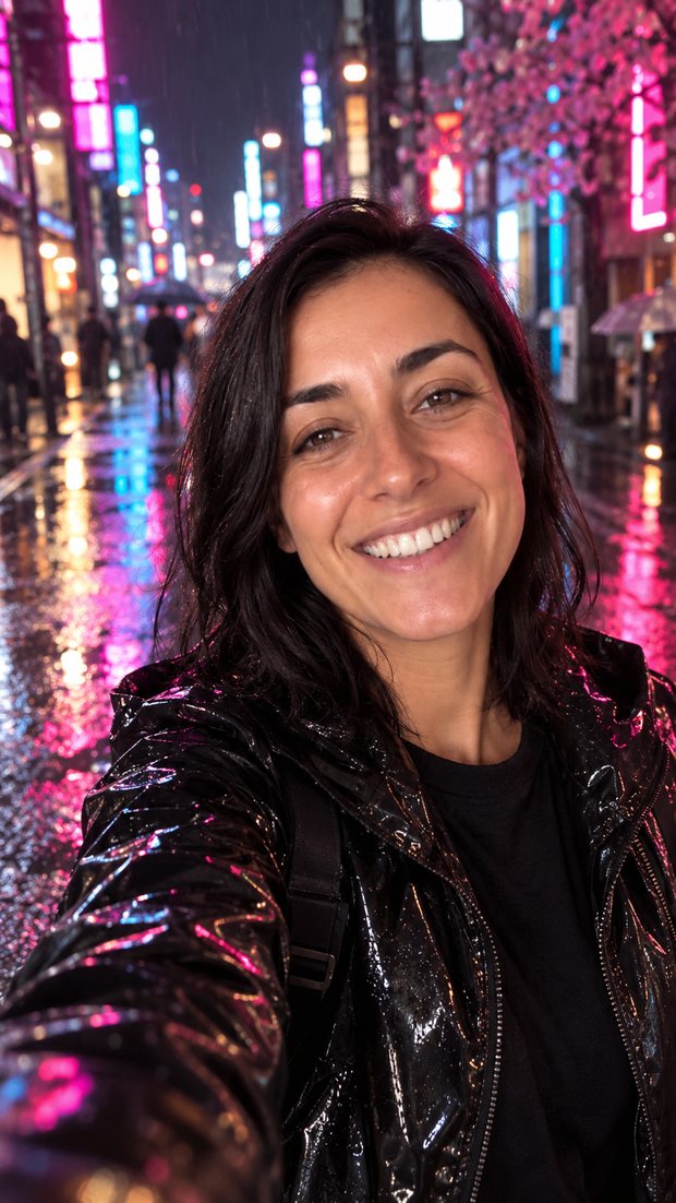 AI video style Cyberpunk: the same person restyled in a neon city